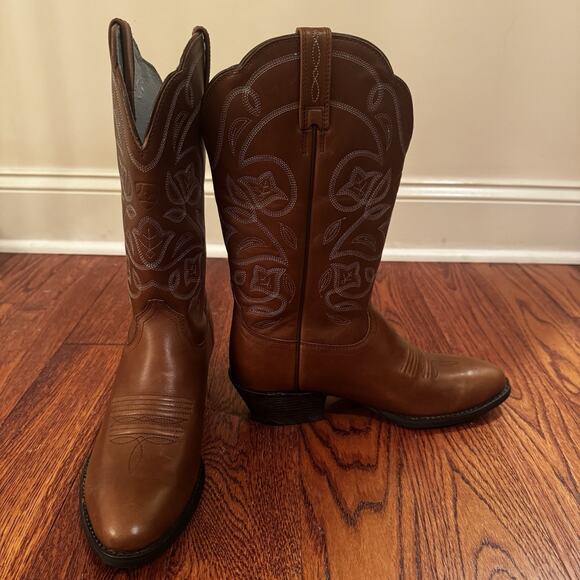 Ariat Womens 7 Heritage R Toe Western Boots Brown Leather Teal Stitch Cowgirl - Picture 1 of 16